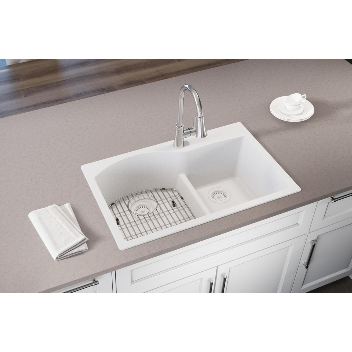 Elkay Quartz Classic 33" x 22" x 10", Offset 60/40 Double Bowl Drop-in Sink with Aqua Divide, White ELGH3322RWH0