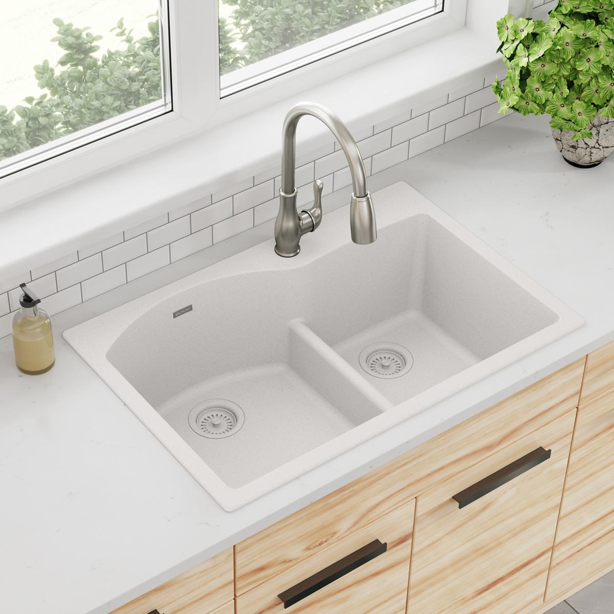 Elkay Quartz Classic 33" x 22" x 10", Offset 60/40 Double Bowl Drop-in Sink with Aqua Divide, White ELGH3322RWH0