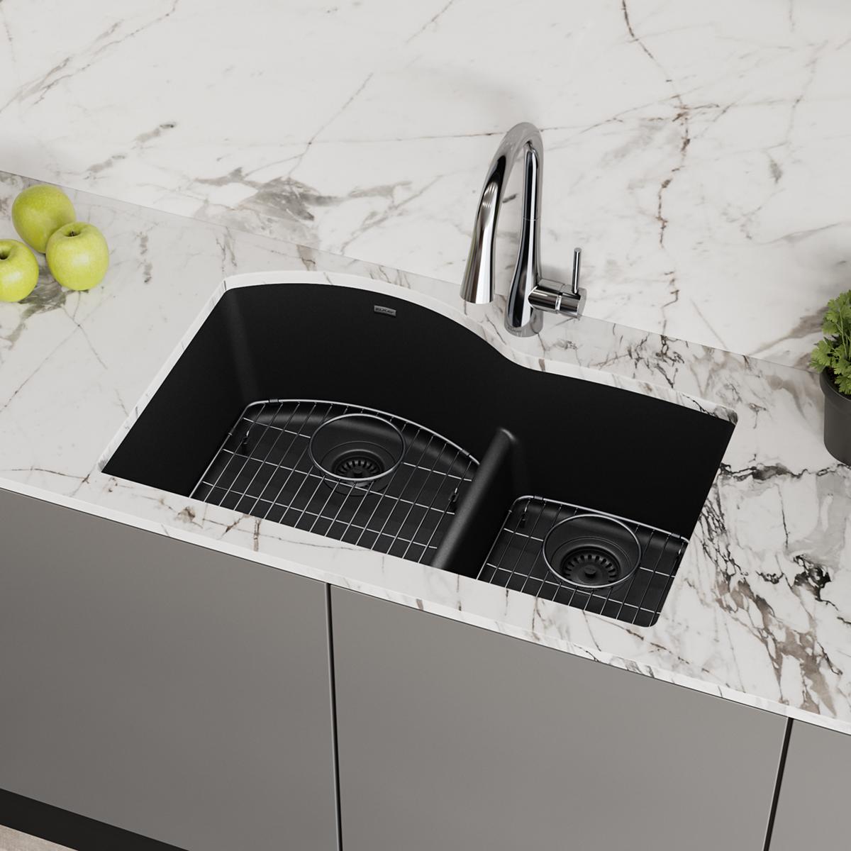 Elkay Quartz Classic 33" x 22" x 10", Offset 60/40 Double Bowl Undermount Sink Kit with Aqua Divide, Black ELGHU3322RBK0C
