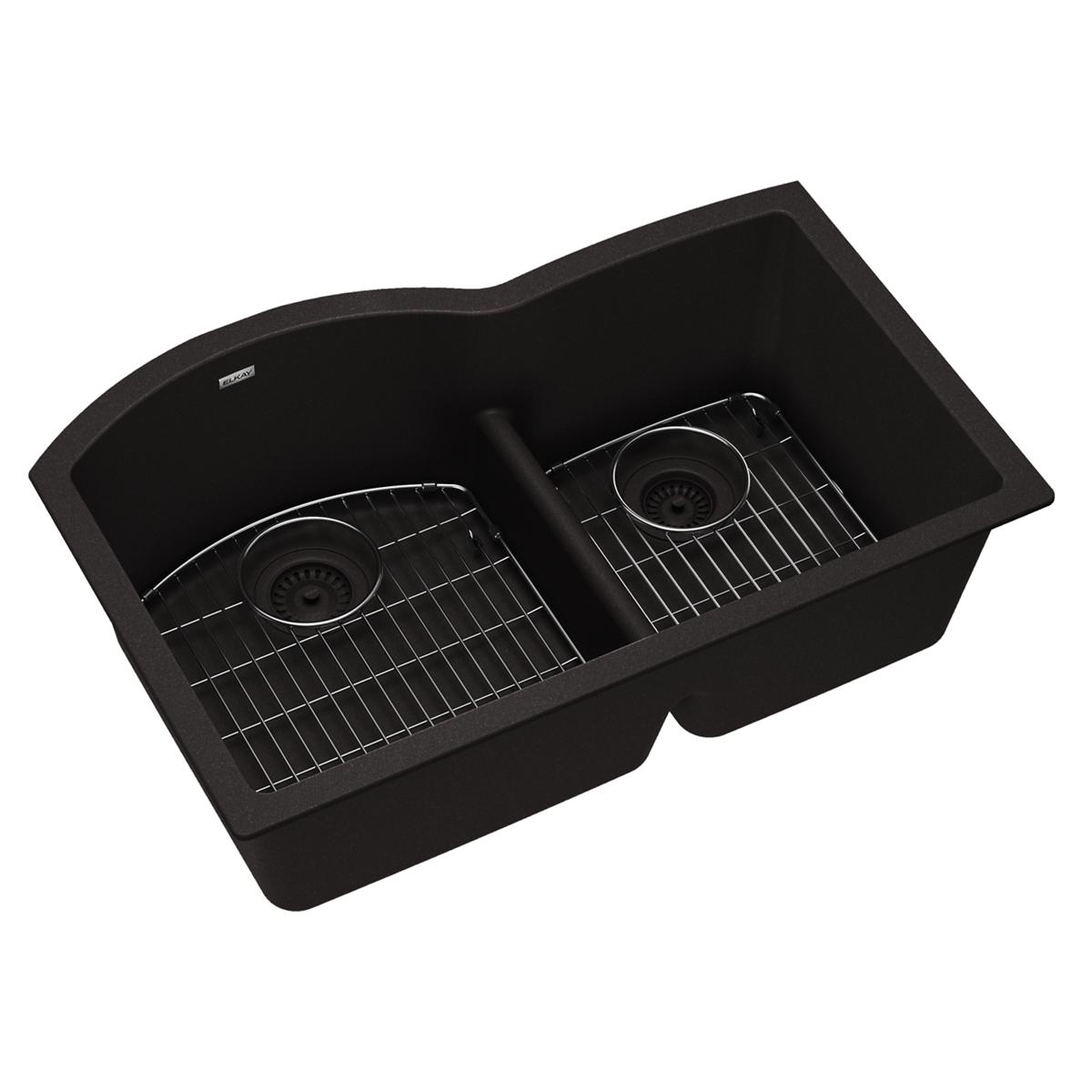 Elkay Quartz Classic 33" x 22" x 10", Offset 60/40 Double Bowl Undermount Sink Kit with Aqua Divide, Black ELGHU3322RBK0C