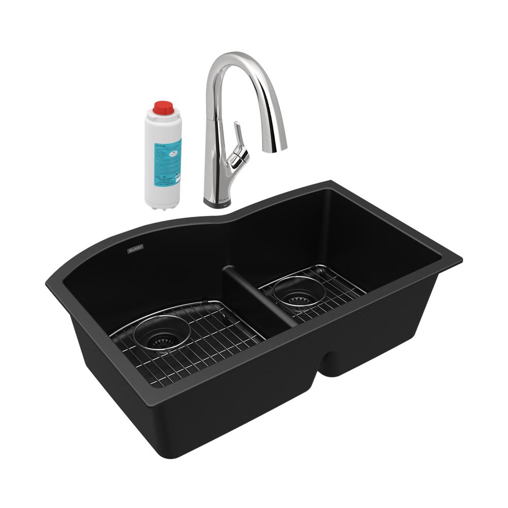 Elkay Quartz Classic 33" x 22" x 10" Offset 60/40 Double Bowl Undermount Sink Kit with Filtered Faucet with Aqua Divide Black ELGHU3322RBKFLC