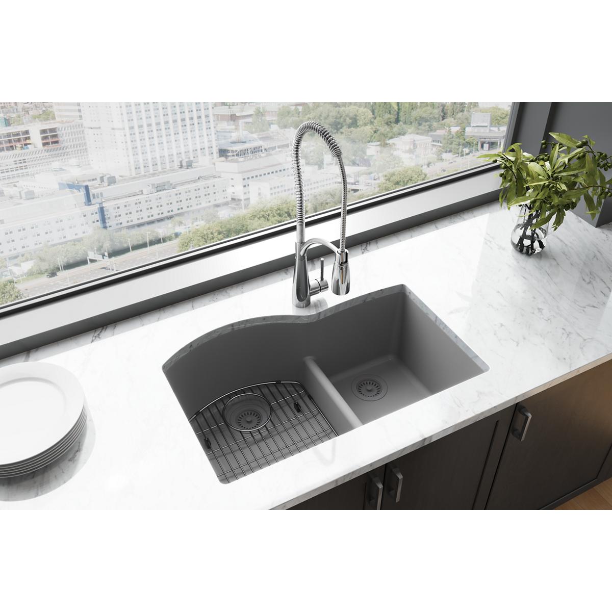 Elkay Quartz Classic 33" x 22" x 10", Offset 60/40 Double Bowl Undermount Sink with Aqua Divide, Greystone ELGHU3322RGS0