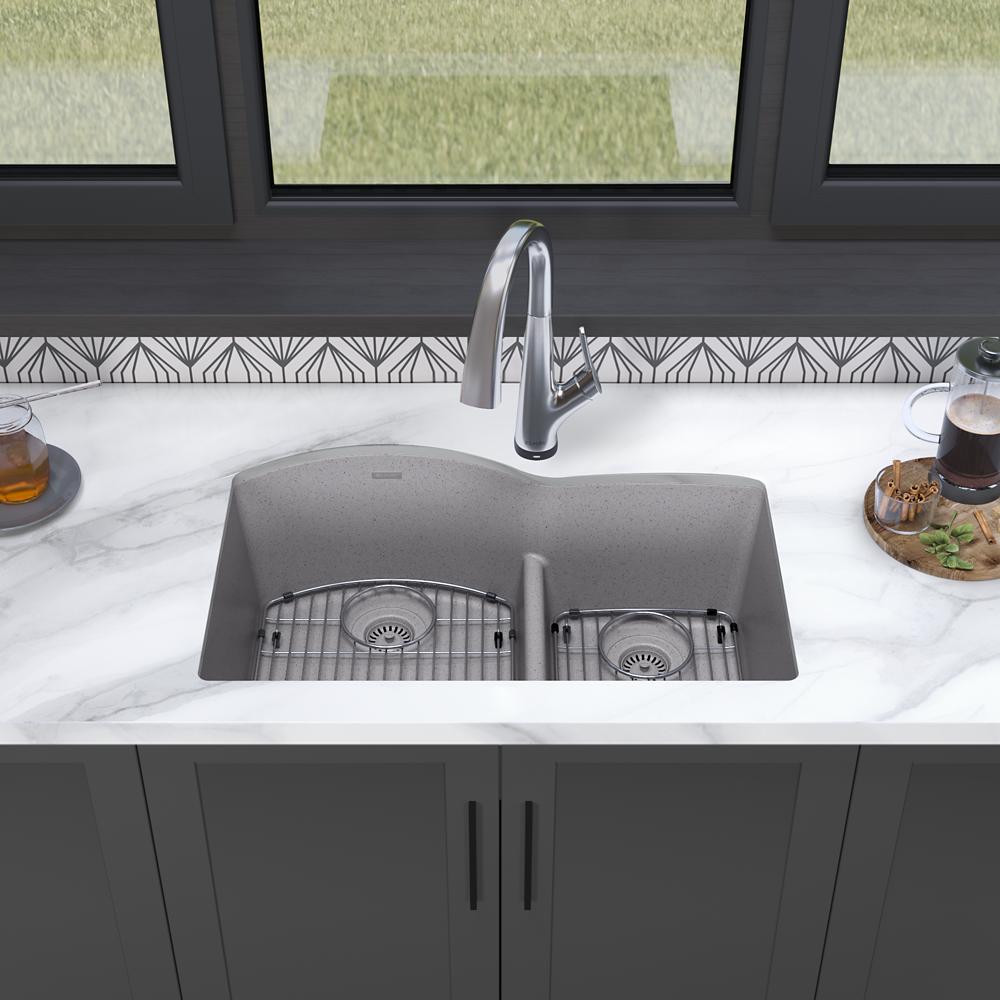 Elkay Quartz Classic 33" x 22" x 10" Offset 60/40 Double Bowl Undermount Sink Kit with Filtered Faucet with Aqua Divide Greystone ELGHU3322RGSFLC