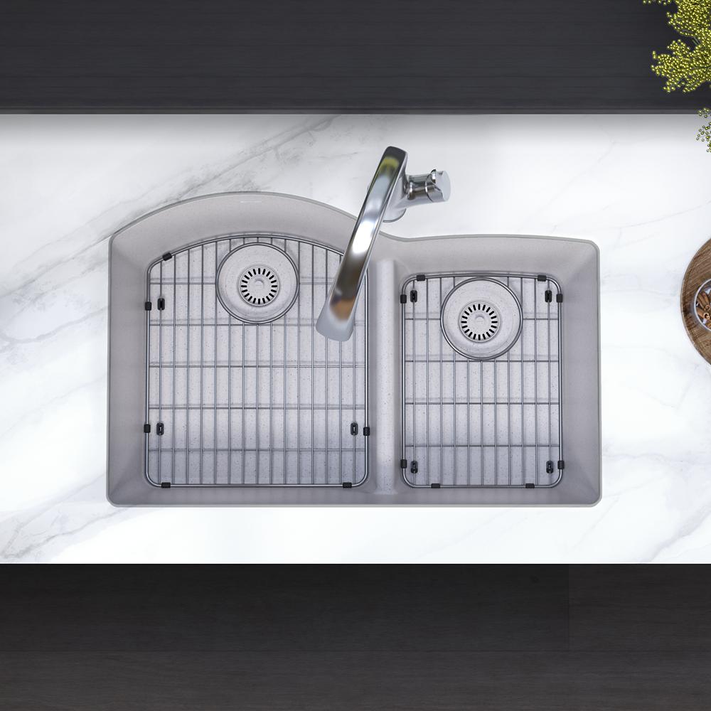 Elkay Quartz Classic 33" x 22" x 10" Offset 60/40 Double Bowl Undermount Sink Kit with Filtered Faucet with Aqua Divide Greystone ELGHU3322RGSFLC