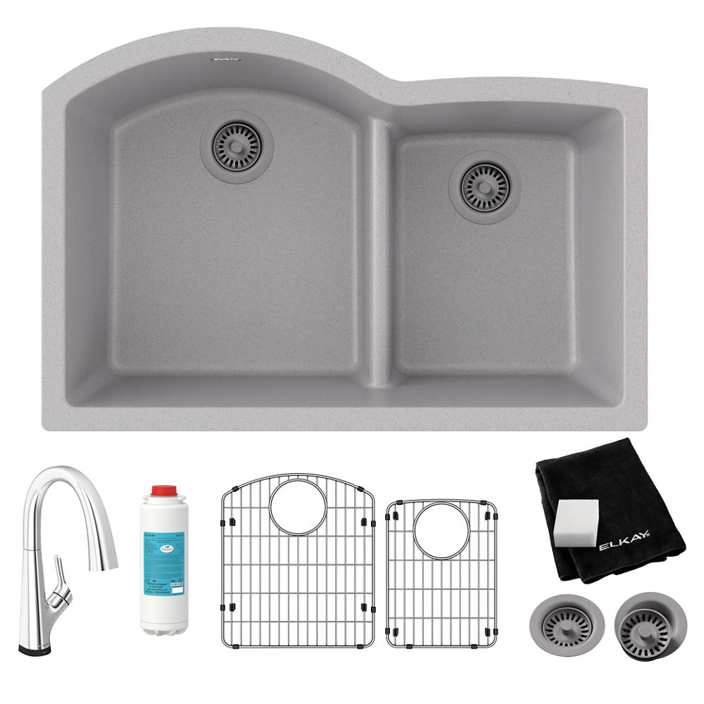 Elkay Quartz Classic 33" x 22" x 10" Offset 60/40 Double Bowl Undermount Sink Kit with Filtered Faucet with Aqua Divide Greystone ELGHU3322RGSFLC