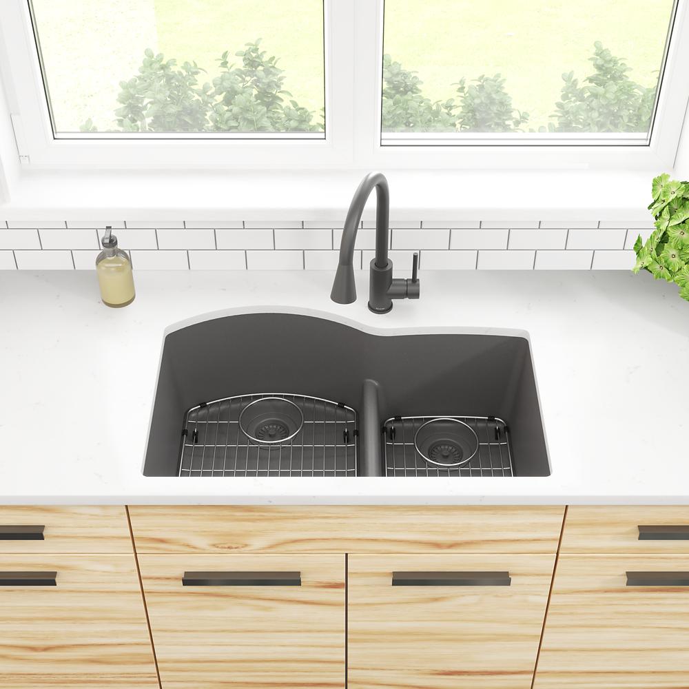 Elkay Quartz Classic 33" x 22" x 10" Offset 60/40 Double Bowl Undermount Sink Kit with Aqua Divide Graphite ELGHU3322RGT0C