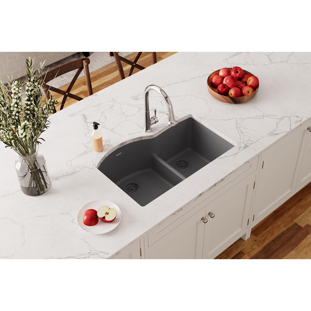 Elkay Quartz Classic 33" x 22" x 10", Offset 60/40 Double Bowl Undermount Sink with Aqua Divide, Dusk Gray ELGHU3322RGY0
