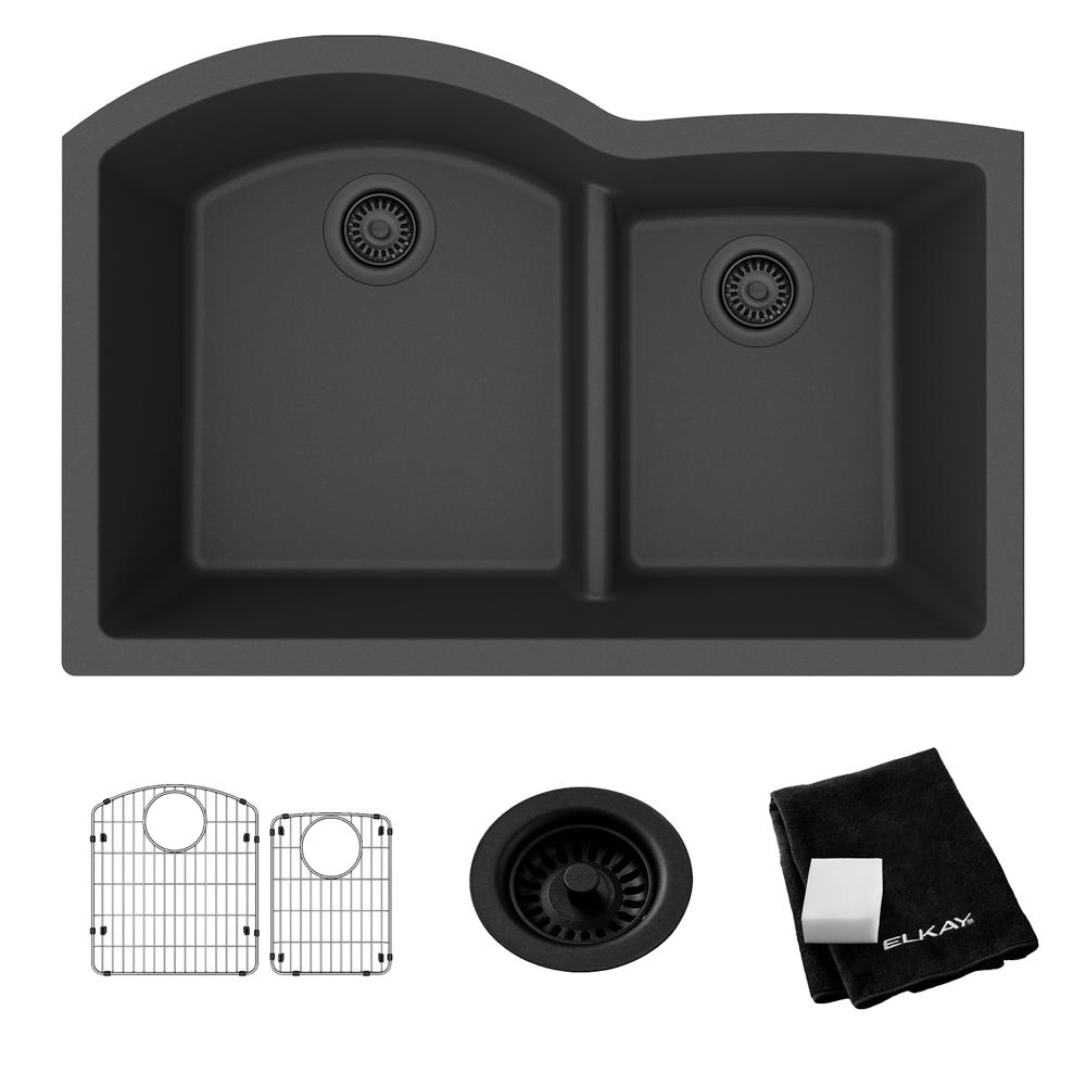 Elkay Quartz Classic 33" x 22" x 10" Offset 60/40 Double Bowl Undermount Sink Kit with Aqua Divide Matte Black ELGHU3322RMB0C