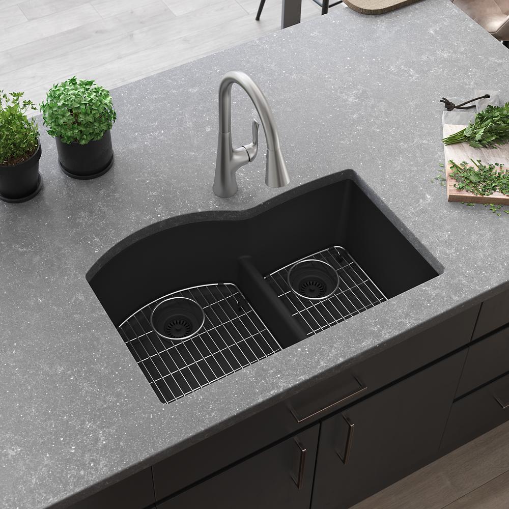 Elkay Quartz Classic 33" x 22" x 10" Offset 60/40 Double Bowl Undermount Sink Kit with Aqua Divide Matte Black ELGHU3322RMB0C
