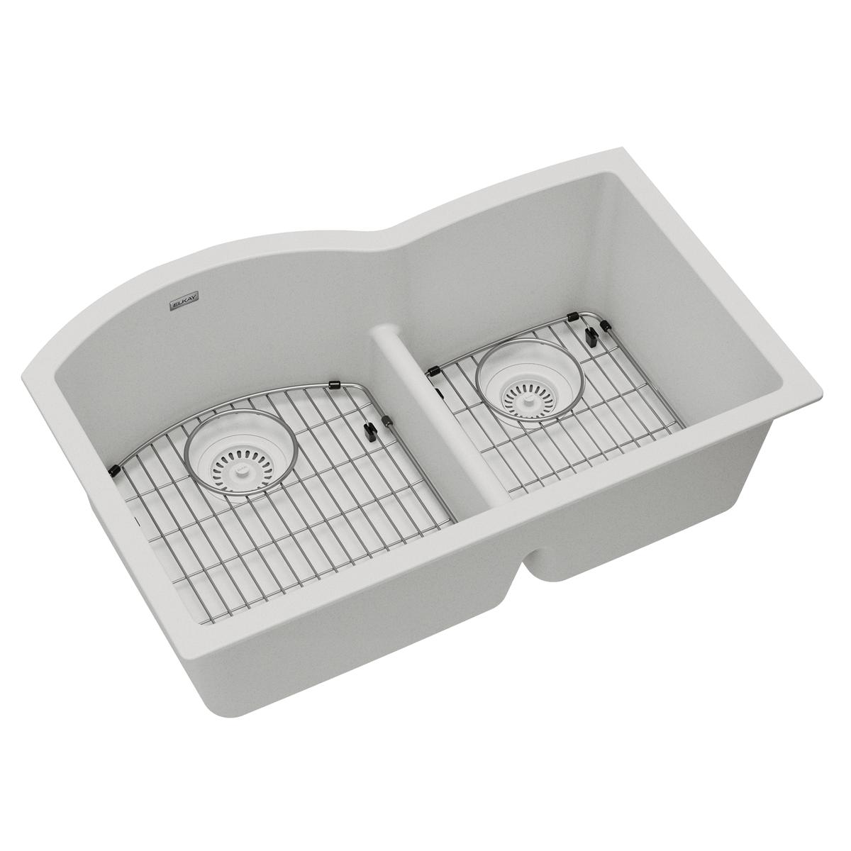 Elkay Quartz Classic 33" x 22" x 10", Offset 60/40 Double Bowl Undermount Sink Kit with Aqua Divide, White ELGHU3322RWH0C