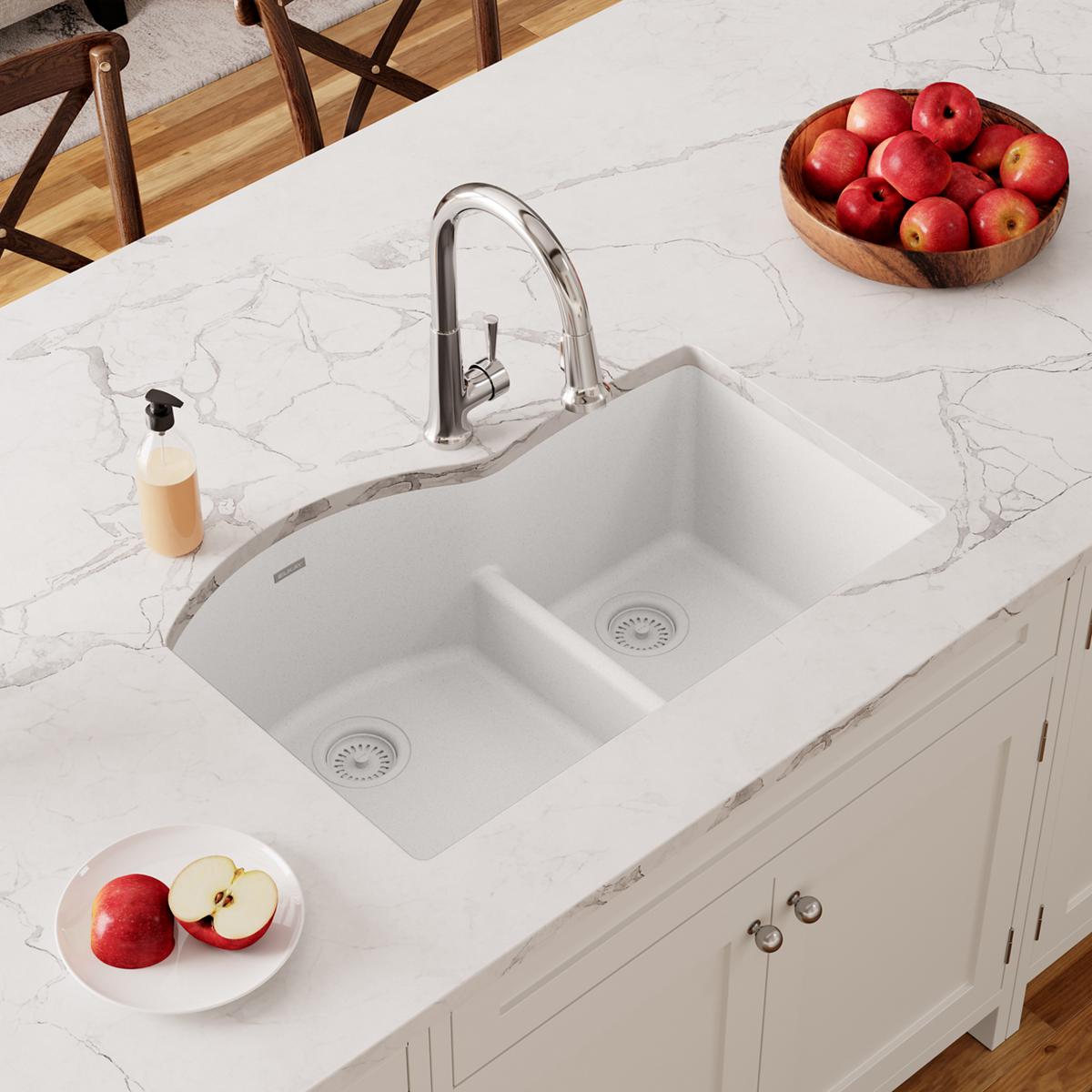 Elkay Quartz Classic 33" x 22" x 10", Offset 60/40 Double Bowl Undermount Sink with Aqua Divide, White ELGHU3322RWH0