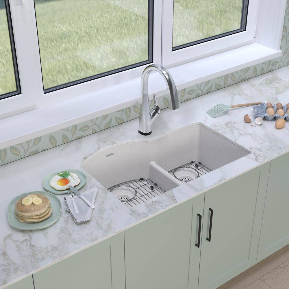 Elkay Quartz Classic 33" x 22" x 10" Offset 60/40 Double Bowl Undermount Sink Kit with Filtered Faucet with Aqua Divide White ELGHU3322RWHFLC
