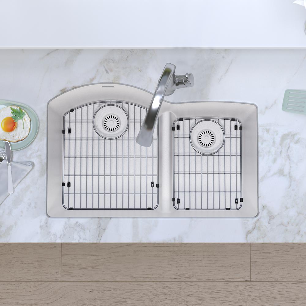 Elkay Quartz Classic 33" x 22" x 10" Offset 60/40 Double Bowl Undermount Sink Kit with Filtered Faucet with Aqua Divide White ELGHU3322RWHFLC