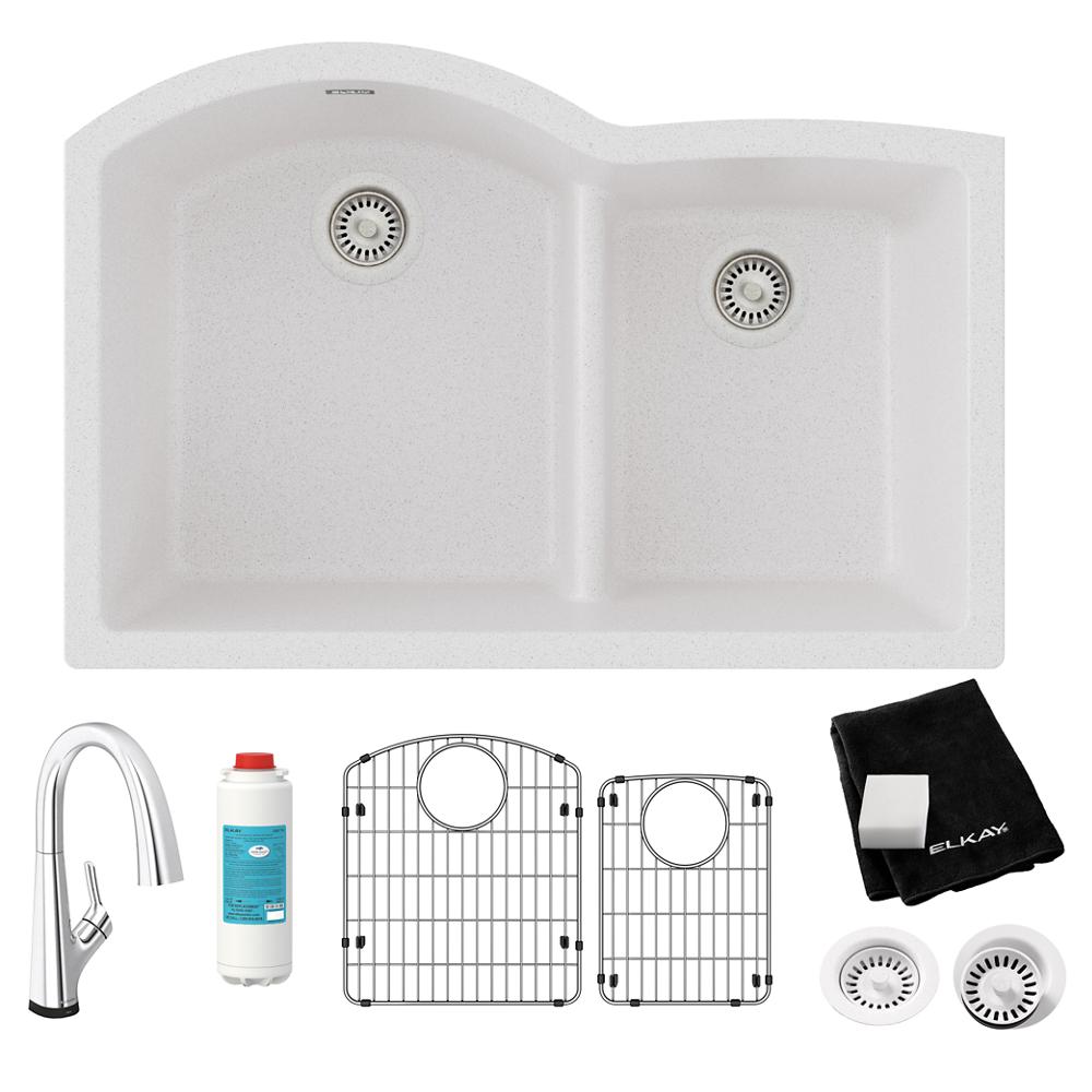Elkay Quartz Classic 33" x 22" x 10" Offset 60/40 Double Bowl Undermount Sink Kit with Filtered Faucet with Aqua Divide White ELGHU3322RWHFLC