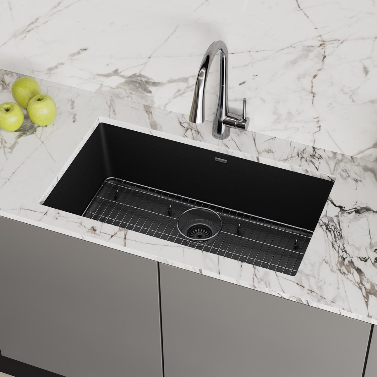 Elkay Quartz Classic 33" x 18-7/16" x 9-7/16", Single Bowl Undermount Sink Kit, Black ELGRU13322BK0C