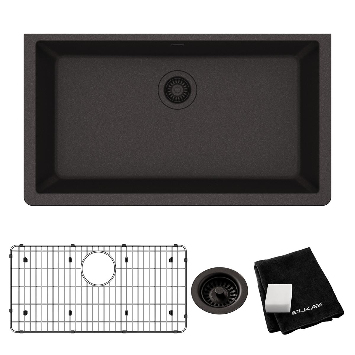Elkay Quartz Classic 33" x 18-7/16" x 9-7/16", Single Bowl Undermount Sink Kit, Black ELGRU13322BK0C