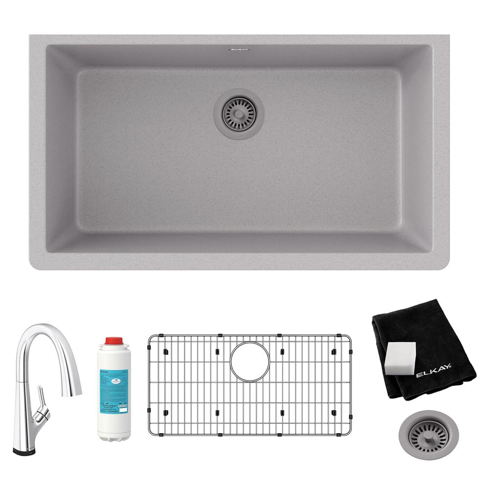 Elkay Quartz Classic 33" x 18-7/16" x 9-7/16" Single Bowl Undermount Sink Kit with Filtered Faucet Greystone ELGRU13322GSFLC