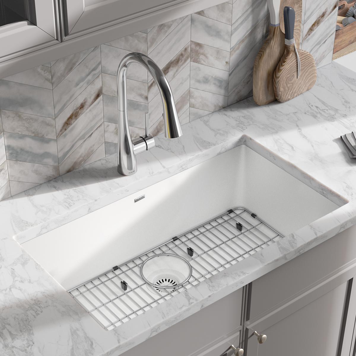 Elkay Quartz Classic 33" x 18-7/16" x 9-7/16", Single Bowl Undermount Sink Kit, White ELGRU13322WH0C