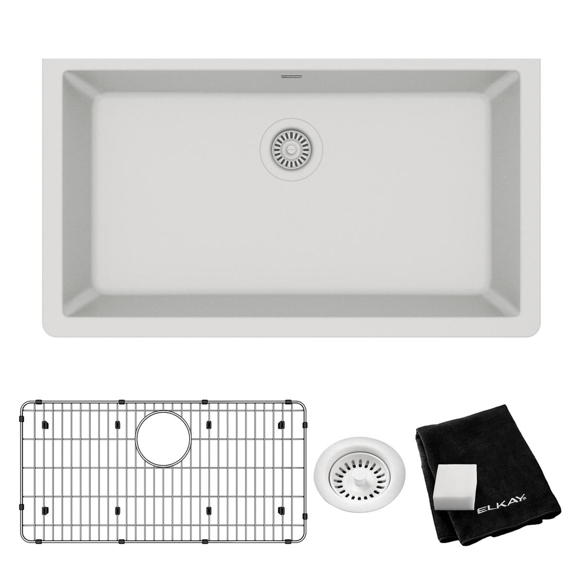 Elkay Quartz Classic 33" x 18-7/16" x 9-7/16", Single Bowl Undermount Sink Kit, White ELGRU13322WH0C