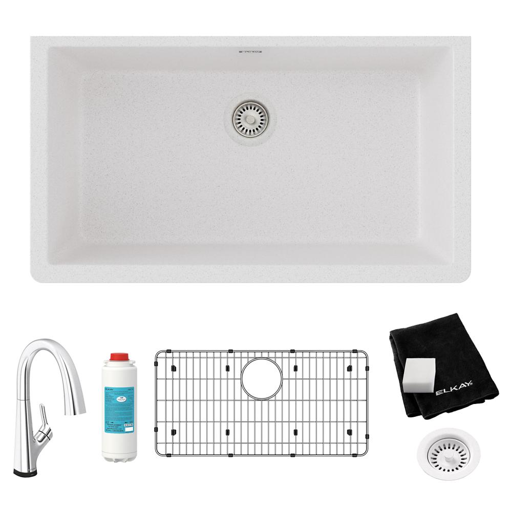 Elkay Quartz Classic 33" x 18-7/16" x 9-7/16" Single Bowl Undermount Sink Kit with Filtered Faucet White ELGRU13322WHFLC