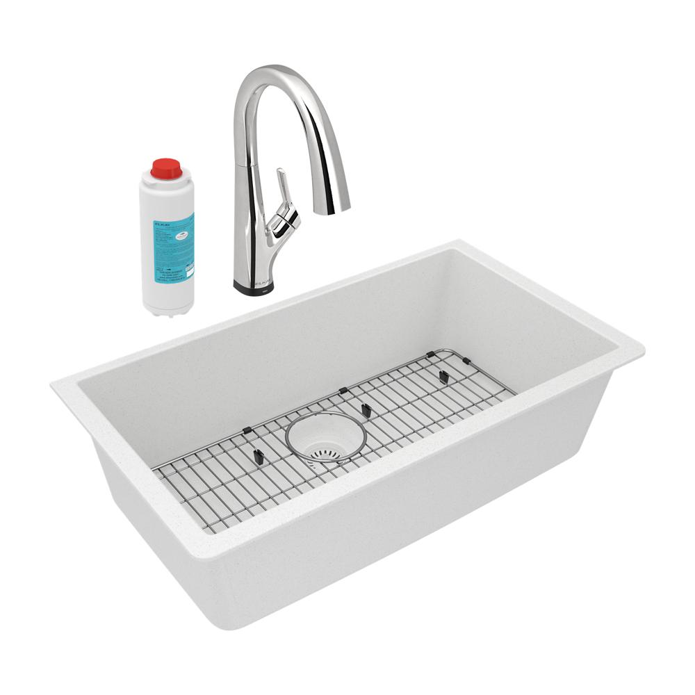 Elkay Quartz Classic 33" x 18-7/16" x 9-7/16" Single Bowl Undermount Sink Kit with Filtered Faucet White ELGRU13322WHFLC