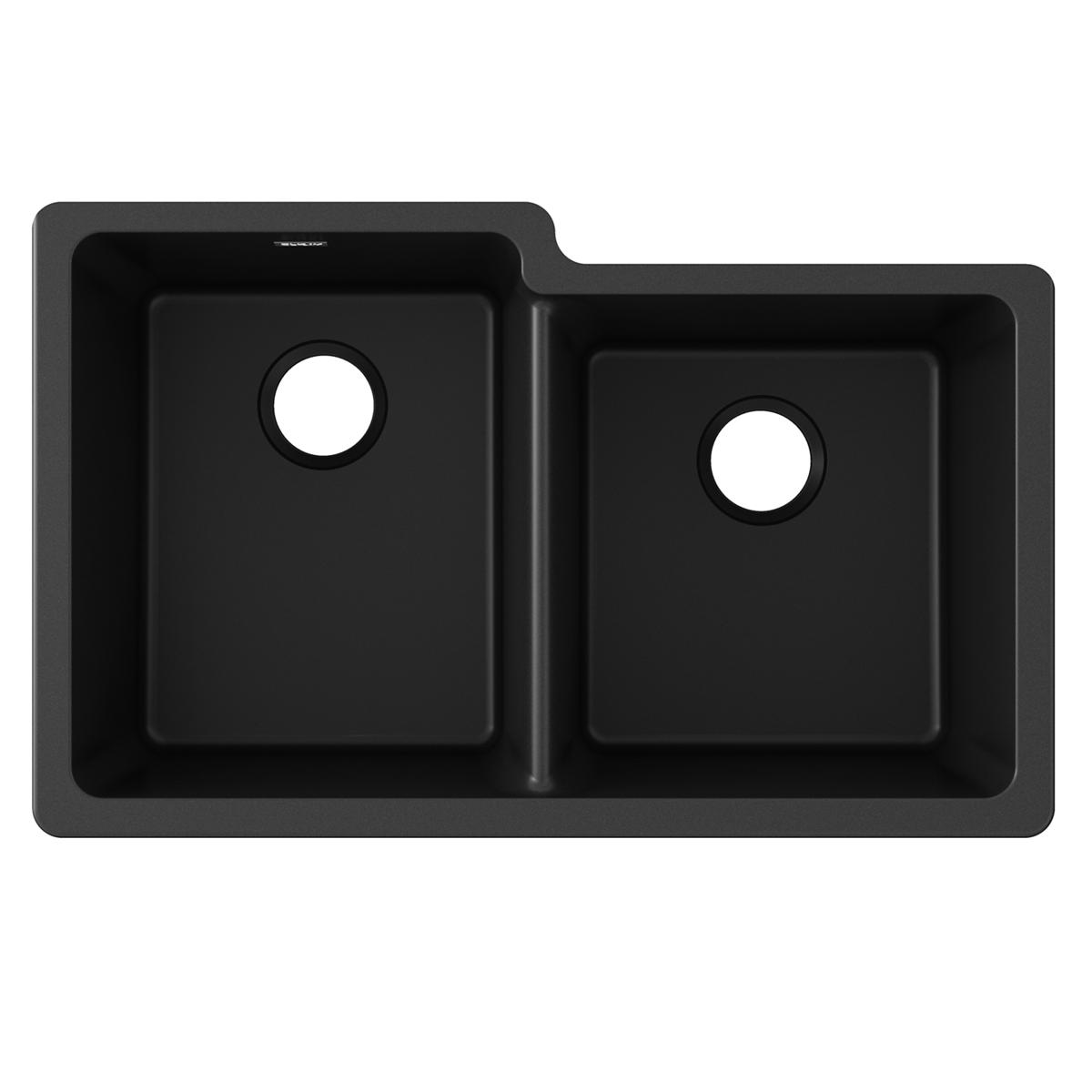 Elkay Quartz Classic 33" x 20-1/2" x 9-1/2", Offset Double Bowl Undermount Sink, Black ELGU250RBK0