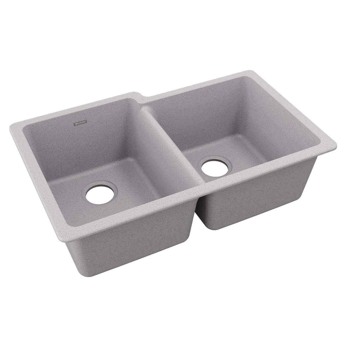 Elkay Quartz Classic 33" x 20-1/2" x 9-1/2", Offset Double Bowl Undermount Sink, Greystone ELGU250RGS0