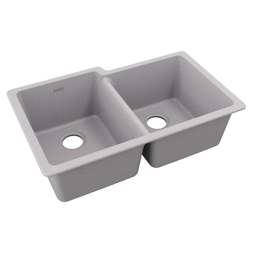 Elkay Quartz Classic 33" x 20-1/2" x 9-1/2", Offset Double Bowl Undermount Sink, Greystone ELGU250RGS0