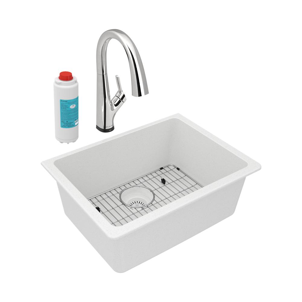 Elkay Quartz Classic 24-5/8" x 18-1/2" x 9-1/2" Single Bowl Undermount Sink Kit with Filtered Faucet White ELGU2522WH0FLC