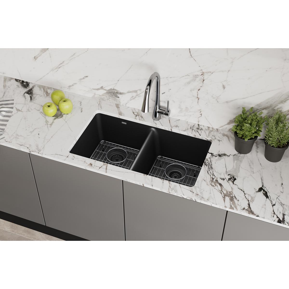 Elkay Quartz Classic 33" x 18-1/2" x 9-1/2", Equal Double Bowl Undermount Sink Kit, Black ELGU3322BK0C