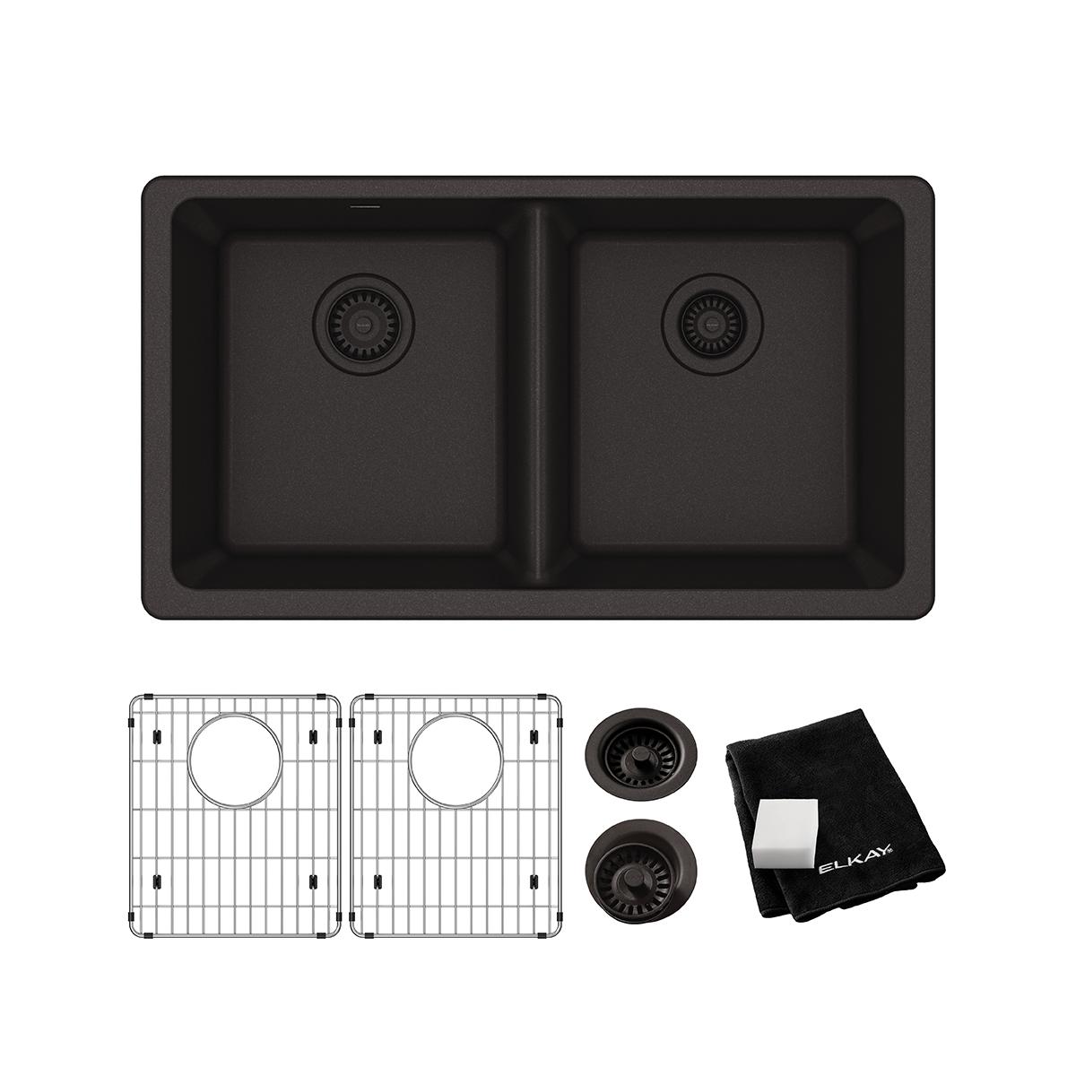 Elkay Quartz Classic 33" x 18-1/2" x 9-1/2", Equal Double Bowl Undermount Sink Kit, Black ELGU3322BK0C