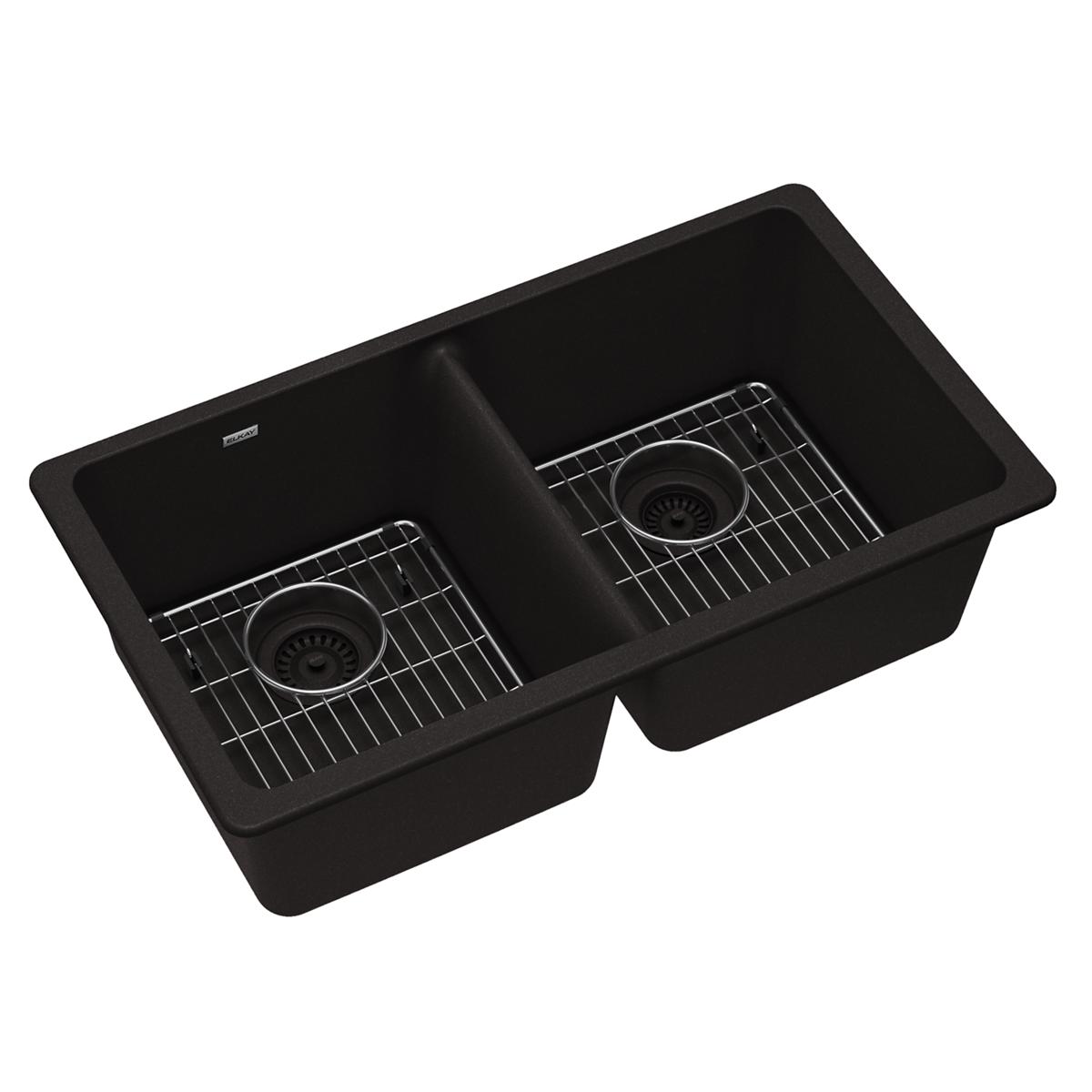 Elkay Quartz Classic 33" x 18-1/2" x 9-1/2", Equal Double Bowl Undermount Sink Kit, Black ELGU3322BK0C
