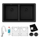 Elkay Quartz Classic 33" x 18-1/2" x 9-1/2" Equal Double Bowl Undermount Sink Kit with Filtered Faucet Black ELGU3322BK0FLC