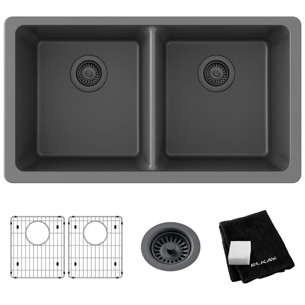 Elkay Quartz Classic 33" x 18-1/2" x 9-1/2" Equal Double Bowl Undermount Sink Kit Graphite ELGU3322GT0C