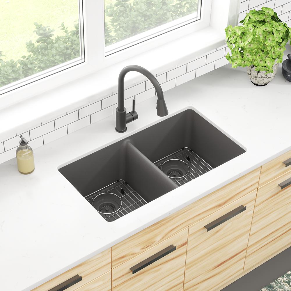 Elkay Quartz Classic 33" x 18-1/2" x 9-1/2" Equal Double Bowl Undermount Sink Kit Graphite ELGU3322GT0C