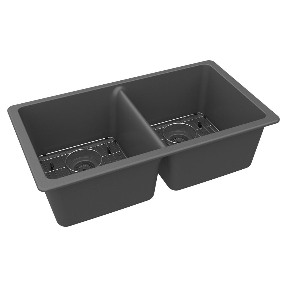 Elkay Quartz Classic 33" x 18-1/2" x 9-1/2" Equal Double Bowl Undermount Sink Kit Graphite ELGU3322GT0C