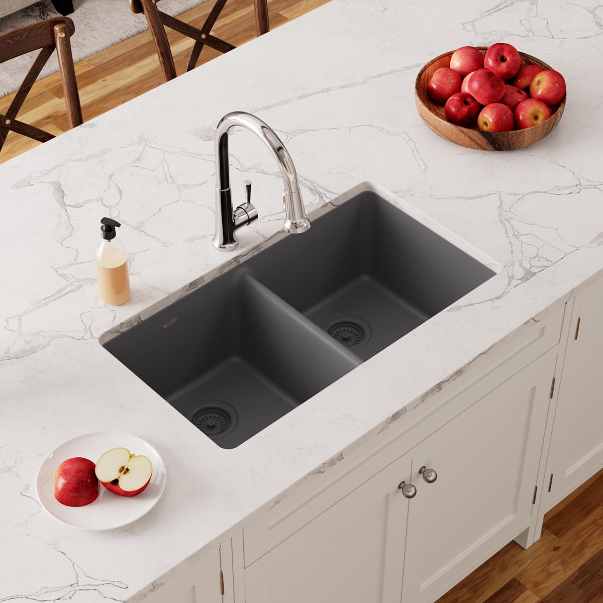 Elkay Quartz Classic 33" x 18-1/2" x 9-1/2", Equal Double Bowl Undermount Sink, Dusk Gray ELGU3322GY0