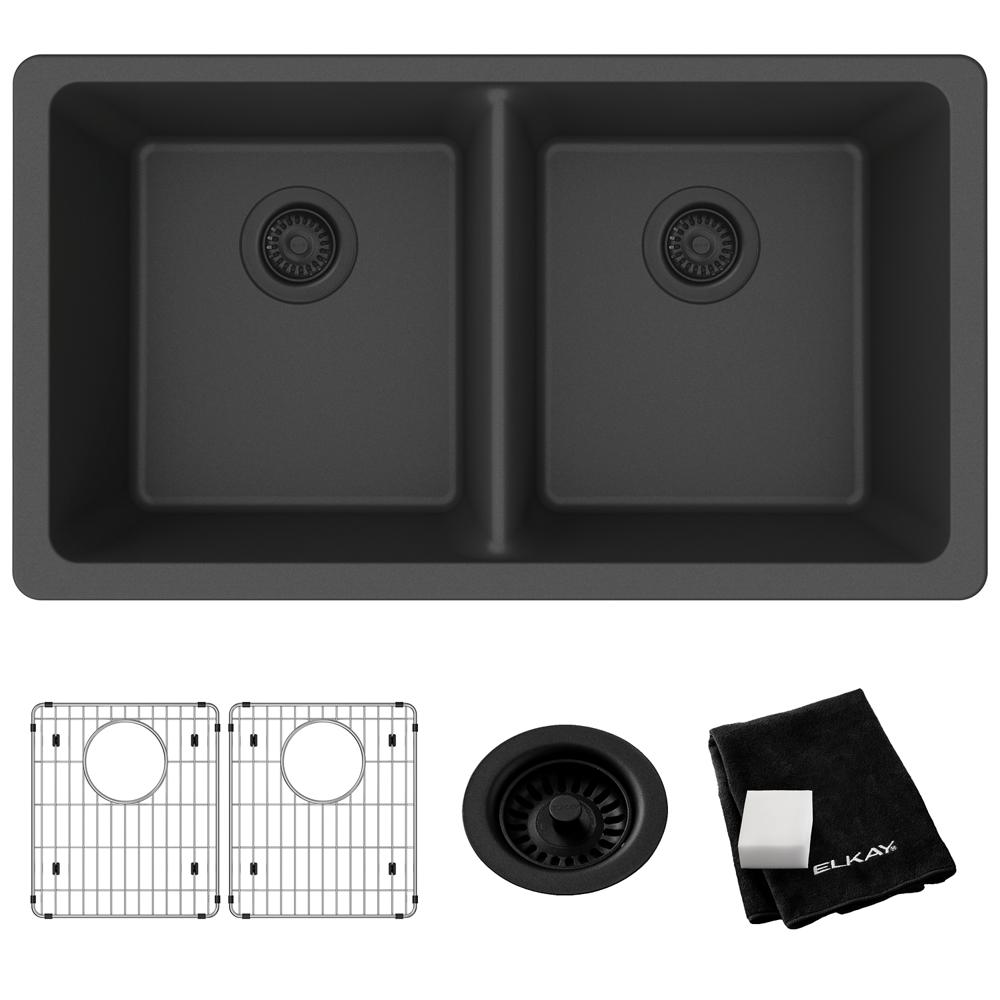 Elkay Quartz Classic 33" x 18-1/2" x 9-1/2" Equal Double Bowl Undermount Sink Kit Matte Black ELGU3322MB0C