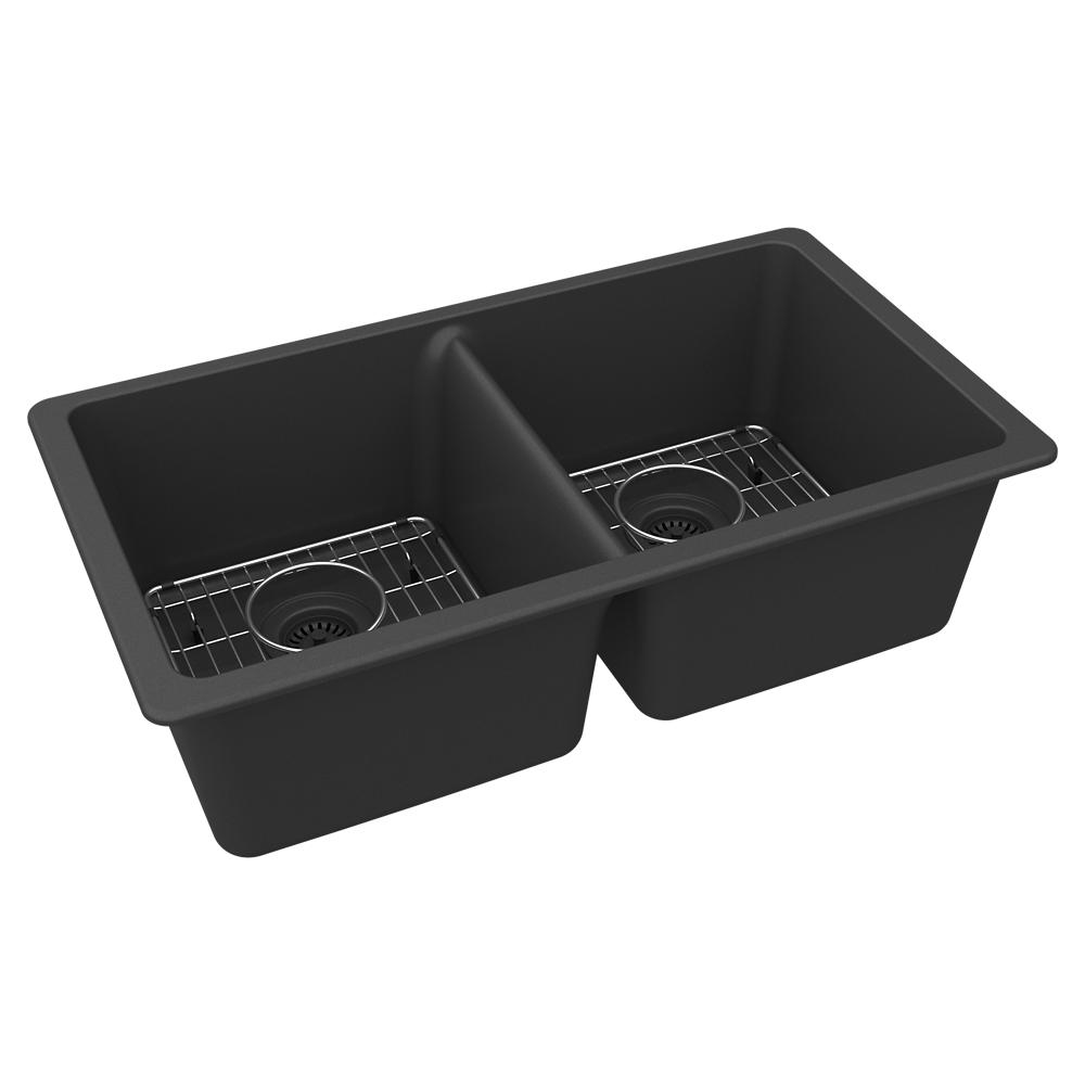 Elkay Quartz Classic 33" x 18-1/2" x 9-1/2" Equal Double Bowl Undermount Sink Kit Matte Black ELGU3322MB0C