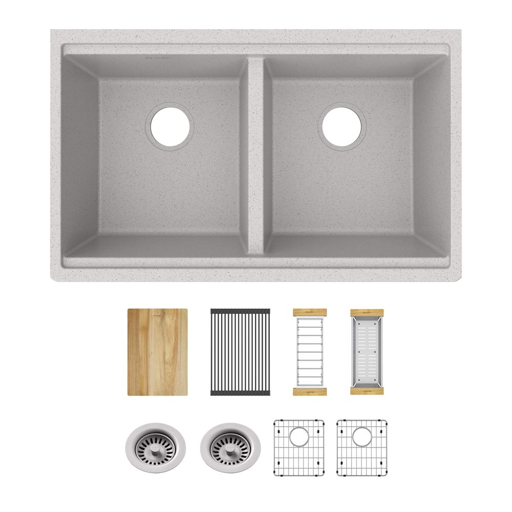 Elkay Quartz Classic 33" x 22" x 9-1/2" Equal Double Bowl Undermount Workstation Sink Kit Greystone ELGU3322WGS0