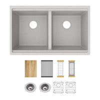 Elkay Quartz Classic 33" x 22" x 9-1/2" Equal Double Bowl Undermount Workstation Sink Kit Greystone ELGU3322WGS0