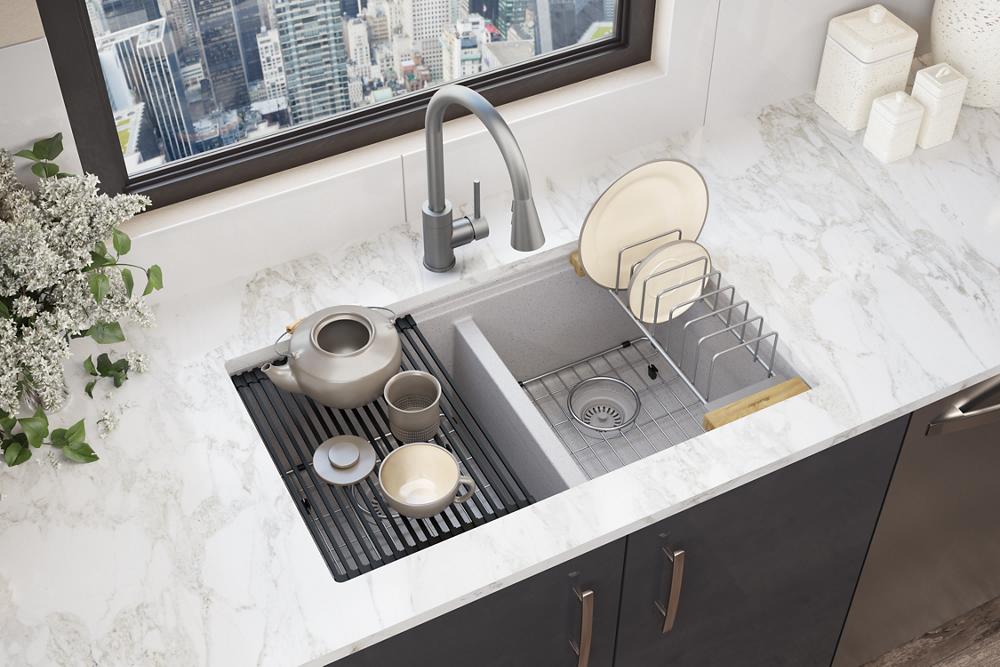 Elkay Quartz Classic 33" x 22" x 9-1/2" Equal Double Bowl Undermount Workstation Sink Kit Greystone ELGU3322WGS0
