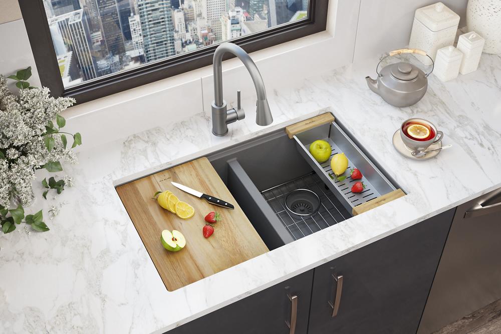Elkay Quartz Classic 33" x 22" x 9-1/2" Equal Double Bowl Undermount Workstation Sink Kit Graphite ELGU3322WGT0