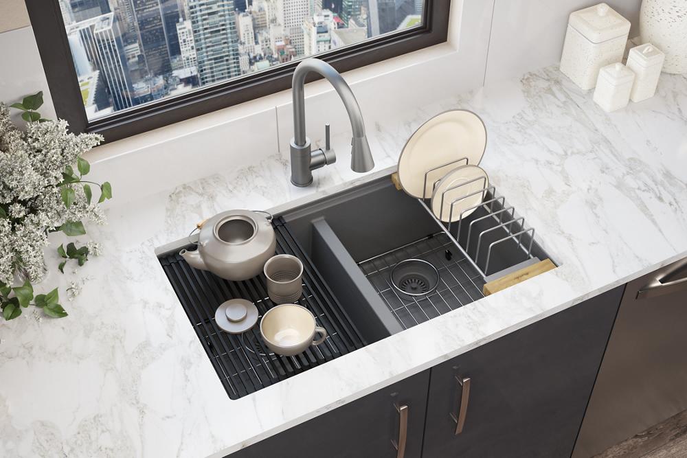 Elkay Quartz Classic 33" x 22" x 9-1/2" Equal Double Bowl Undermount Workstation Sink Kit Graphite ELGU3322WGT0