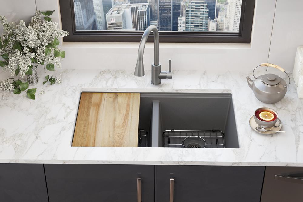 Elkay Quartz Classic 33" x 22" x 9-1/2" Equal Double Bowl Undermount Workstation Sink Kit Graphite ELGU3322WGT0