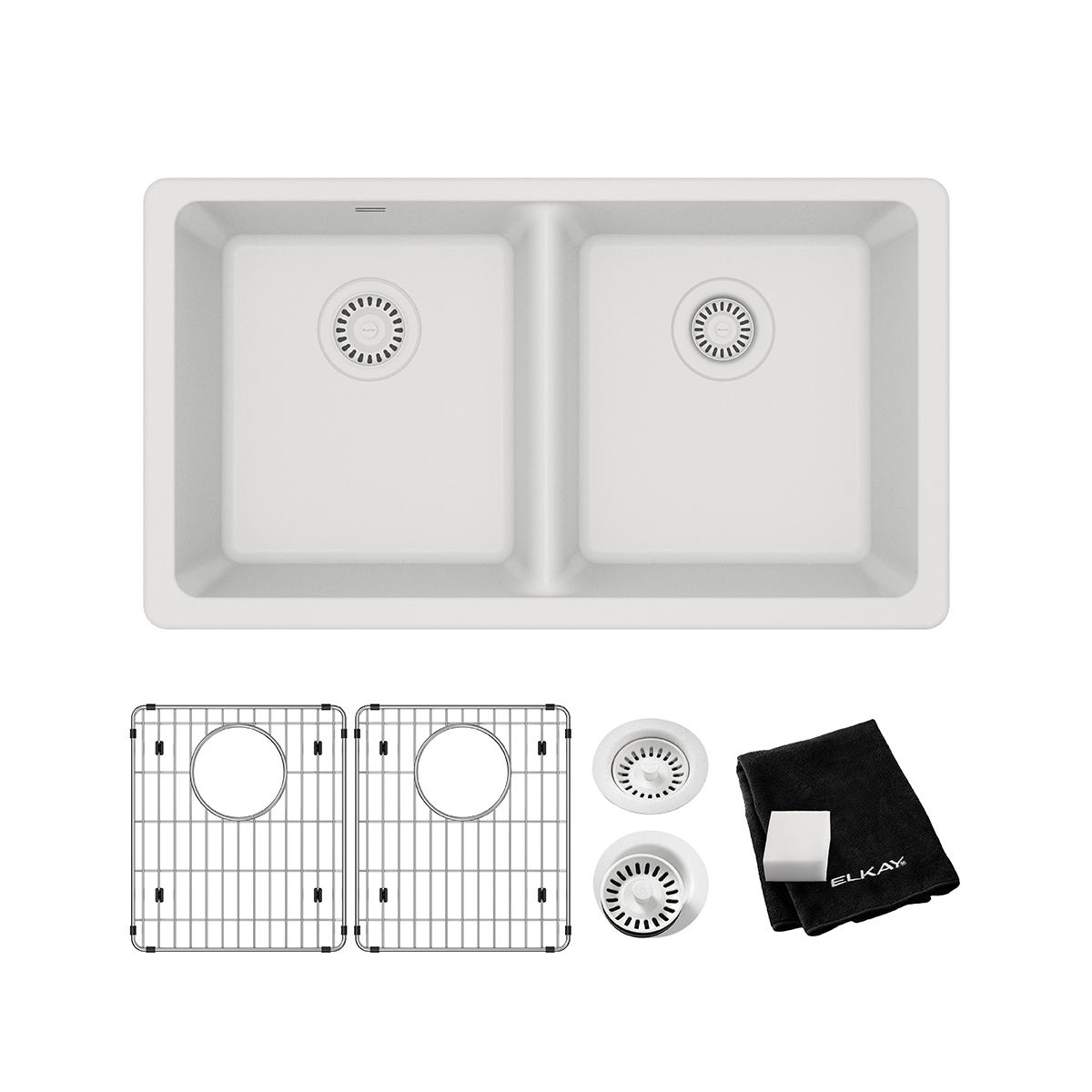 Elkay Quartz Classic 33" x 18-1/2" x 9-1/2", Equal Double Bowl Undermount Sink Kit, White ELGU3322WH0C