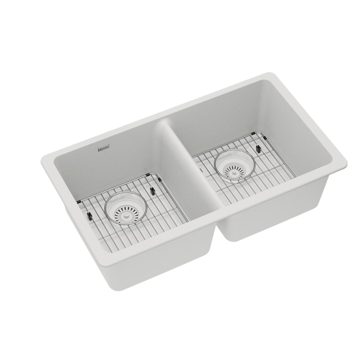 Elkay Quartz Classic 33" x 18-1/2" x 9-1/2", Equal Double Bowl Undermount Sink Kit, White ELGU3322WH0C