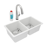 Elkay Quartz Classic 33" x 18-1/2" x 9-1/2" Equal Double Bowl Undermount Sink Kit with Filtered Faucet White ELGU3322WH0FLC