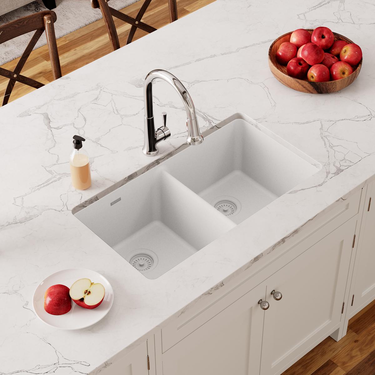 Elkay Quartz Classic 33" x 18-1/2" x 9-1/2", Equal Double Bowl Undermount Sink, White ELGU3322WH0
