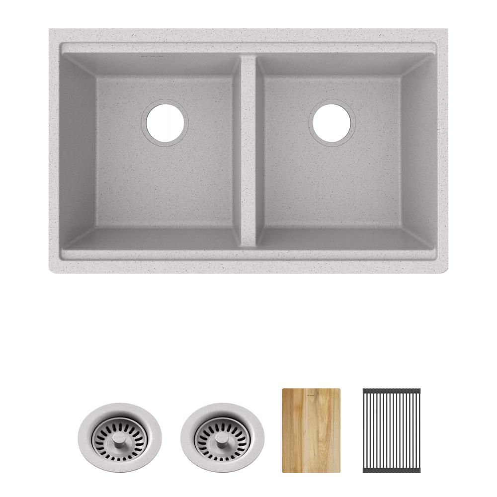 Elkay Quartz Classic 33" x 22" x 9-1/2" Equal Double Bowl Undermount Workstation Sink 4pc Kit Greystone ELGU3322WOGS0
